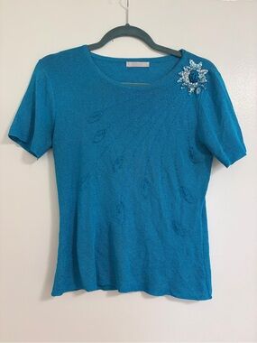 Beautiful Vintage Teal Short-Sleeve Embellished Women's Top